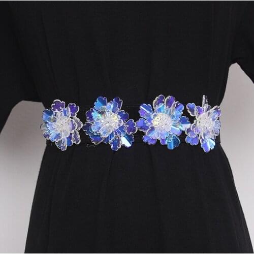 Womens runway fashion Glass stone flower elastic Cummerbunds female Dress Corsets Waistband Belts decoration wide belt R328