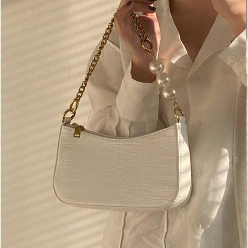 Women Bag French Vintage PU Alligator Lady Baguette Chains Pearl SOFT Zipper Shoulder Bags Handbags Korean Sweet Girls Bag