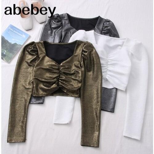 Hot Sale Korean 2021 autumn solid color vintage new women shirts puff sleeve square sexy small V-neck Slim blouse