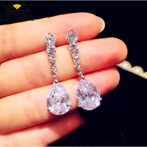 Fashion Female Crystal Water Super Shiny Earrings 925 Silver White Stone Earrings Boho Wedding Jewelry Long Earrings