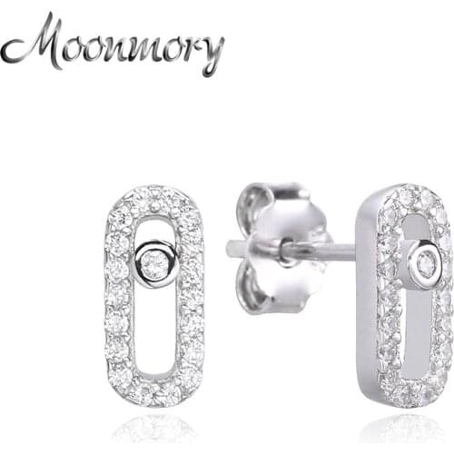 Moonmory 925 Sterling Silver Earring Rectangle Shaped Stud Earring With Clear Zircon For Girl Woman Fashion Jewelry Making