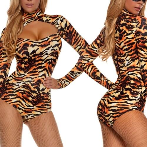 Tiger Print Hollow Out Sexy Bodysuit Women Long Sleeve Round Collar Skinny Charming Fashion Jumpsuit Party Club Ladies Outfits