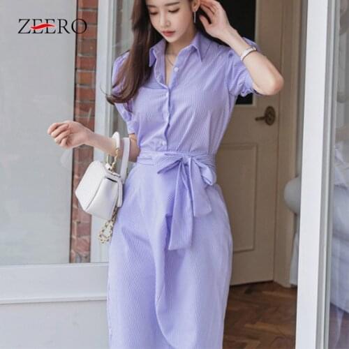Summer Lapel Single-breasted Short Puff Sleeve High Waist Stripe Dresses for Women Belt Split Slim Straight Midi Shirt Dress