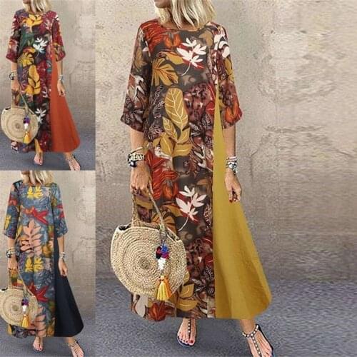 2021 European US spring summer fall women retro dress cotton and linen flower print seven-minute sleeve spliced plus size dress
