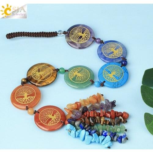 CSJA 7 Chakras Car Hanging Decor Tree of Life Round Donuts Spiritual Reiki Jewelry Natural Chip Stone Crystal Long Ornament G793