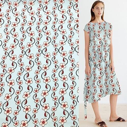 Floral print on light blue bottom silk stretch Crepe DE chine fabric,SCDC916