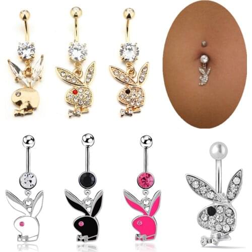 1Pcs Stainless steel Piercing Belly Button Ring Rhinestone Bunny Navel Piercing Ring Rabbit Dangle Body Jewelry Navel Nail