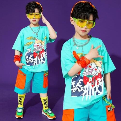 2021 Jazz Modern Dance Costumes For Kids Summer Short Sleeved Loose Shorts Suit Hip Hop Dance Clothes Street Dance Wear