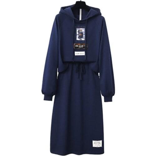 The New Two-piece Hooded Dress Fashion thin Age-reducing Large Size Vestidos Cotton Long-Sleeved Dress Thick A819