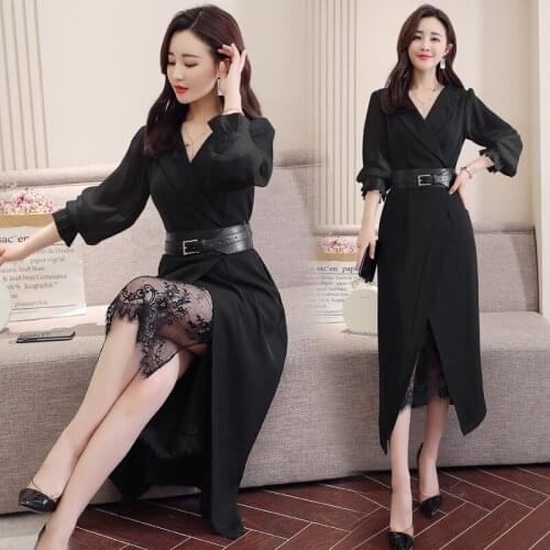 2021 Autumn Dress Womens Long Sleeve v-Neck Lace Patchwork Split Party Dress