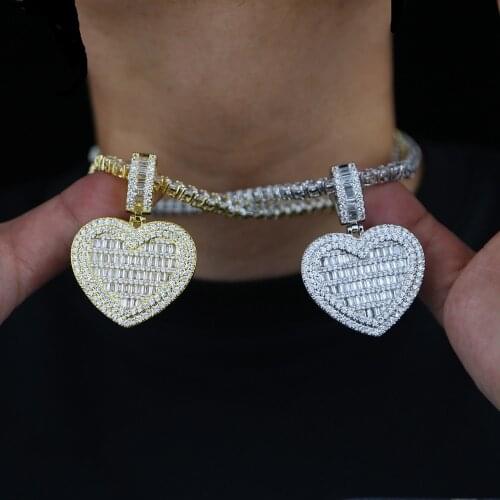 Full Iced Out Cubic Zirconia 5MM cz Tennis Chain Necklace For Men Gold Silver Plated 40mm big Heart Charm Necklaces punk Jewelry