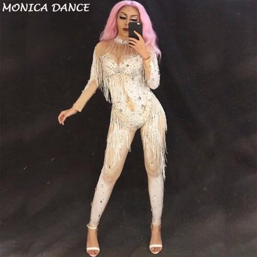 Sexy Stage Tassel Nude Jumpsuit Womens Skinny Leggings Dance Wear Bodysuit Outerwear Stones Bodysuit Outfit Performance Dress