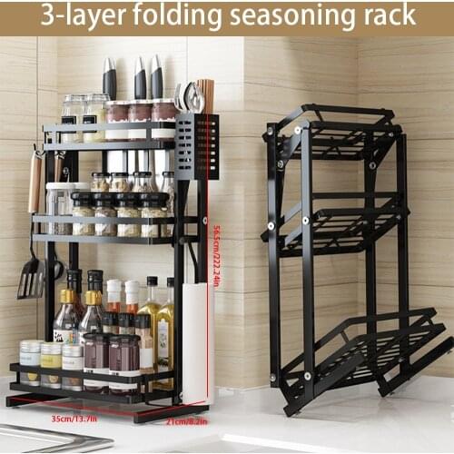 Foldable Spice Rack 3 Layers Kitchen Organizer Knife Storage Shelf Plastic Wrap Roll Paper Rack Multifunction Storage Rack