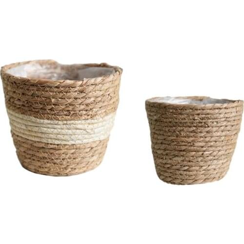 2Pcs Handmade Straw Storage Basket Rattan Floor Flower Pot Indoor Outdoor Flower Pot Plant Container-ABUX