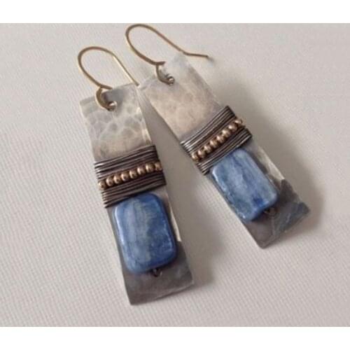 Vintage Drop Dangle Bar Earrings for Women Blue Stone Silver Color Boho Ethnic Mystic Statement Earrings Pendant Jewelry Mujer