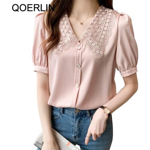 QOERLIN Satin Shirt Women 2021 Summer New Temperament Chic Lace Turn-Down Collar Short Sleeve Single-Breasted Pink Blouse S-XL