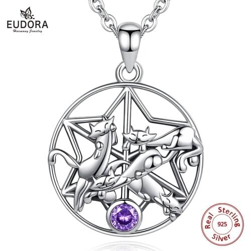 EUDORA 925 Sterling Silver Lucky Cat Pendant Star of David Necklace with Purple Crystal Animal Jewelry for Girl Women Gift D619