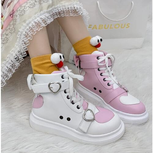 LLUUMIU Women Cute boot Sneaker Student High Top Heart Pink Shoes Girls Thick Heels White Leather Lolita style Sneakers Casual