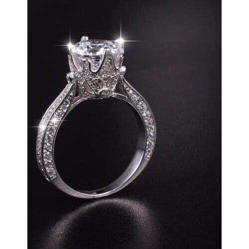 Luxury 100% Real Solid Silver Rings Inlay Natural Crystal Crown 8mm 3ct Simulated Diamond Engagement Wedding Ring For Women