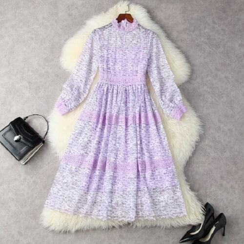High Quality New Lace Dress 2021 Autumn Party Vestidos Women Crochet Lace Embroidery Beading Long Sleeve Black Purple Dress