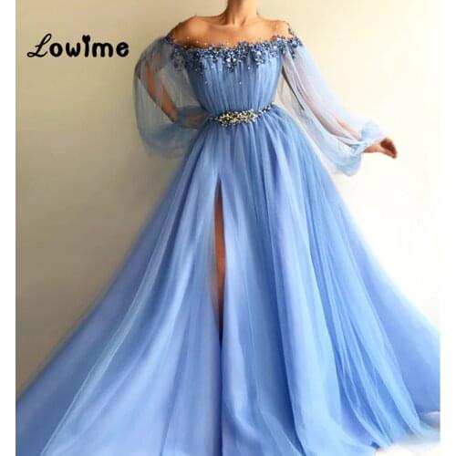 Blue Prom Dresses Pearls Puffy Sleeves Formal Evening Gown Illusion Shoulder Tulle Full Sleeves Prom Dresses Vestido De Festa