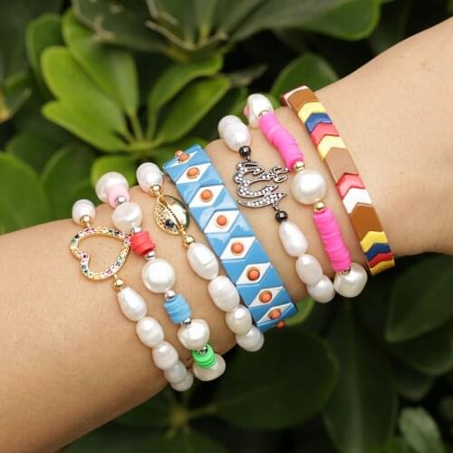 5 pcs/lot Natural Freshwater Pearl CZ Gold Evil-Eye Pendant Handmade Baroque Weave Beads Charm Bracelet For Women Girl Jewelry