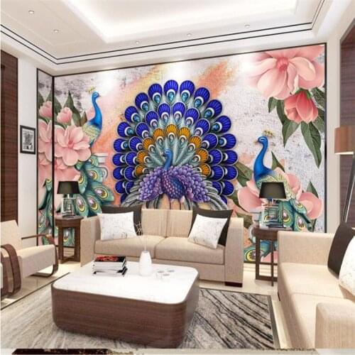 Beibehang Custom 3d wallpaper Scandinavian style auspicious peacock relief stereo wallpaper live room TV background