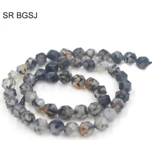 Free Shipping 8mm Faceted Round Polygonal Black Fire Agat Onyx Gems Natural Stone Findings Beads Strand 15"