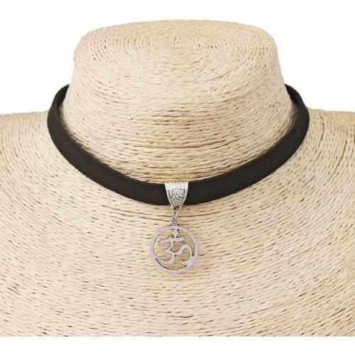 Black 10mm Flat Faux Suede Cord OM AUM Symbol Yoga Charm Choker Necklace 13inch