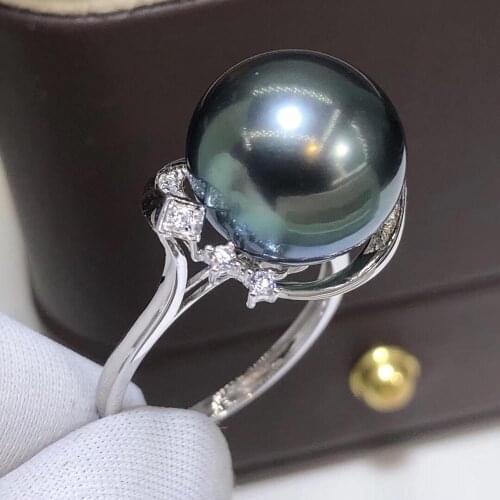 D528 Pearl Ring Fine Jewelry Solid 14K Gold Round 11-12mm Nature Sea Water Tahiti Black Pearls Rings for Women Presents