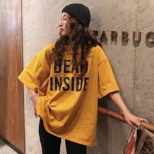 Short-sleeved T-shirt Female Summer Korean Loose Mid-length Student Letters Wild Round Neck Top