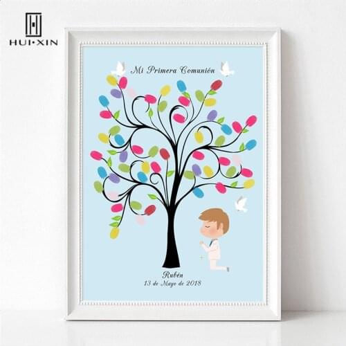 A Handsome Boy Praying Under The Tree Canvas Fingerprint Guestbook Free Custom Name Date Fo Kids First Holy Communion Baptism