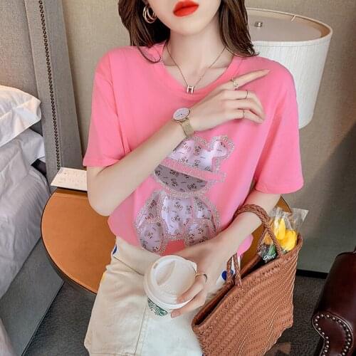 Hot drilling Little bear new Short Sleeves T Shirt Hot Sales Female Tshirt Loose Women Fashion Graphic T-Shirt woman tshirts