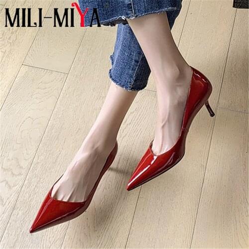 MILI-MIYA New Arrival Sexy Pointed Toe Women Genuine Leather Thin Heels Pumps Slip On Solid Color Dress Party Shoes Size 34-40