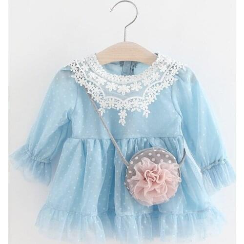 Cute Girls Princess Dress with Bag Spring Autumn Children Long Petal Sleeves Dresses Baby Kids Girl Cotton Lace Voile Clothes
