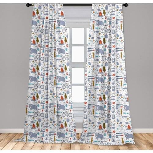 Camping Window Curtains Cartoon Bear Tent and Compass Outdoor Hobby Theme Hiking Doodle Window Drapes with Rod Pocket