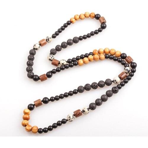 Unisex Black Lava Rock 6 mm Stone & 8mm wood bead necklace long necklace men women necklace