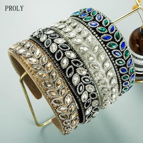 PROLY Fashion Women Headband Shining Rhinestone Baroque Hairband Wide Side Handmade Headwear Casual Luxurious Hair Accessories