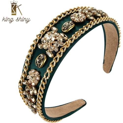 King Shiny Vintage Baroque Crystal Flower Headband Vintage Gold Color Metal Chain Solid Color Fabric Hairband Girls Tiara Crowns