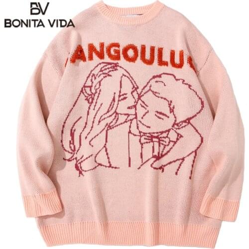 Bonita Vida Sweaters Harajuku Embroidery Cartoon Girl Boy Knitted Jumpers Streetwear Hip Hop Casual Knitwear Loose Men Tops
