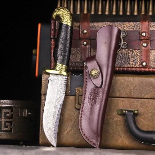 Hand beat multi layer Damascus Steel Camping Straight Blade 58-60HRC Russian Jungle Tactical Blade Camping Rescue Straight Blade