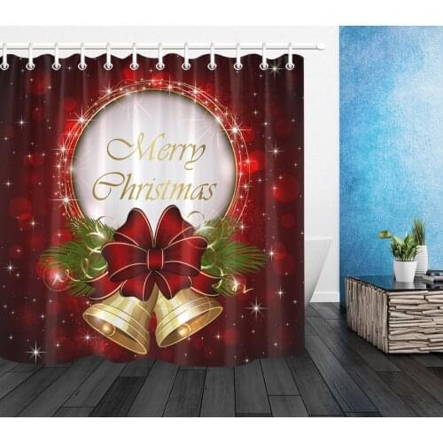 Green Fir leaves & Gold Bell & Red Ribbon Shower Curtain Luxury Christmas Bathroom Waterproof Polyester Fabric For Bathtub Decor