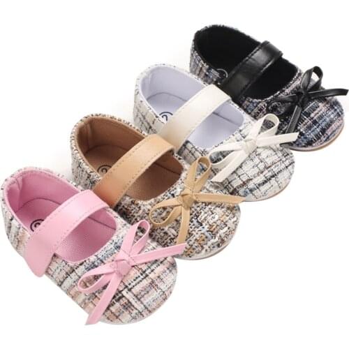 2021 Infant Baby Princess Shoes, Breathable Baby Girls Plaid Pattern Bow Decoration Soft Sole Non-slip Prewalker