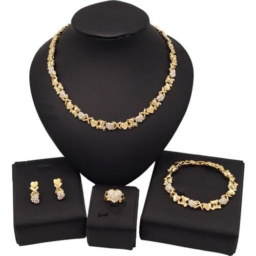 Yulaili Newest Teddy Bear Heart Shape XOX Necklace Earrings Bracelet Ring For Women Wedding Jewelry Sets Party Gifts