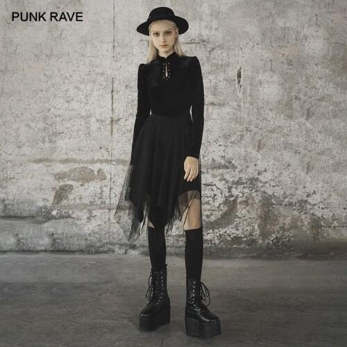 PUNK RAVE Womens Gothic Daily Bat Fairy Series Irregular Mesh Chinese Style Dresses Punk Metal Decoration Personality Dress