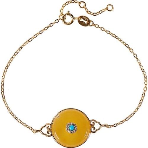 S925 sterling silver gold-plated natural amber bracelet vintage Ruyi peace buckle ladies bracelet