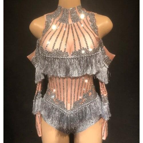 Women New Silver Tassel Sparkling Rhinestone Sexy Bosysuit Singer Dancer Stage Wear Costume Nightclub Party Performance Jumpsuit