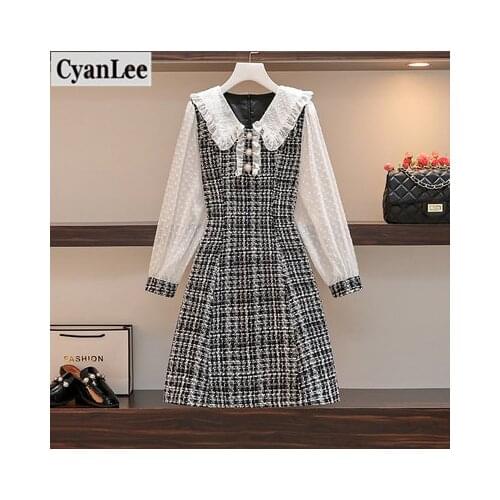 Cyanlee Plus Size Women Luxury Tweed Dress Autumn Peter Pan Collar Pearl Buttons Chiffon patchwork Sweet korean Dresses