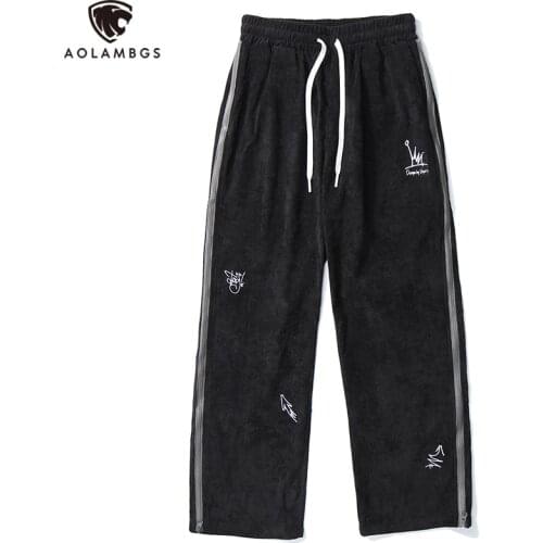 Aolamegs Side Zipper Stripe Cute Embroidery Corduroy Sweatpants Streetwear Men Casual Loose Harajuku All-match Straight Trousers