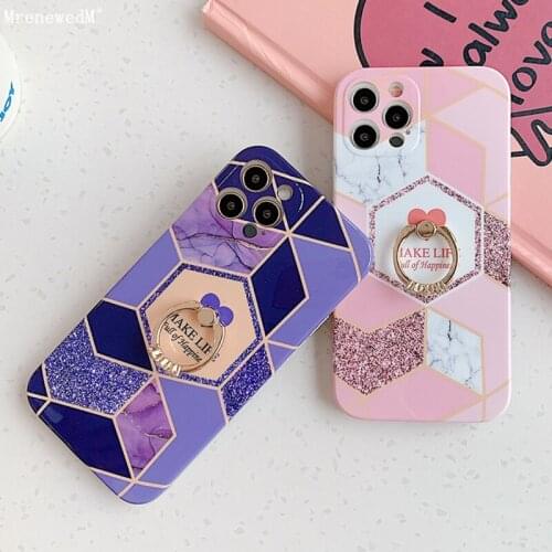 Diamond Ring Gloss Splicing Marble Lover Heart Phone Case For iPhone 12Mini 11 Pro Max XR XS 7 8 Plus SE2 Soft Cover with Holder